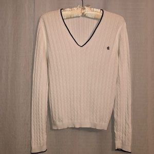 [RLR] Cable Knit White Navy Combo 💯 Cotton V Neck Pullover Vintage Style